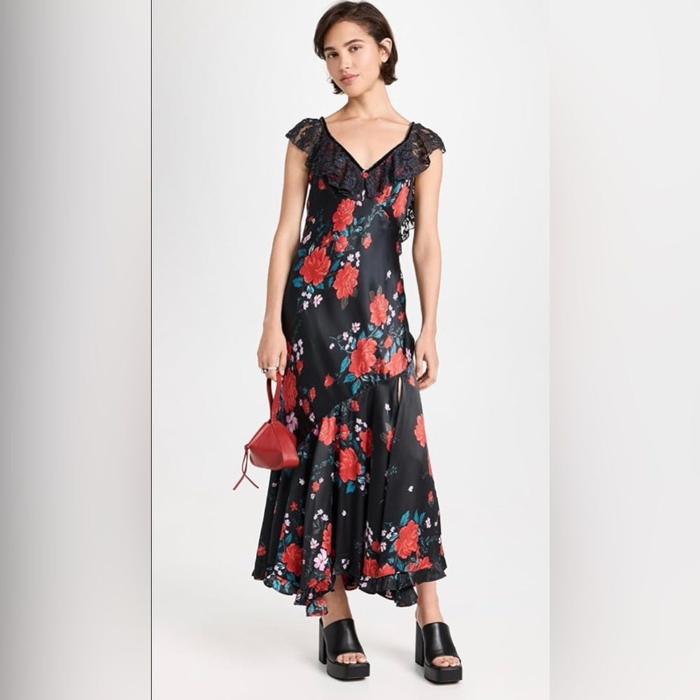 Free People Warm Hearts Midi Dress Black & Red Floral Satin Small NWOT - Picture 6 of 9